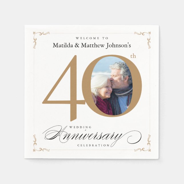 Serviette En Papier Classy White Gold Calligraphie 40e anniversaire (Devant)