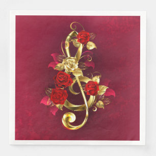 Serviette En Papier Clé de sol dorée avec fleurs de rose