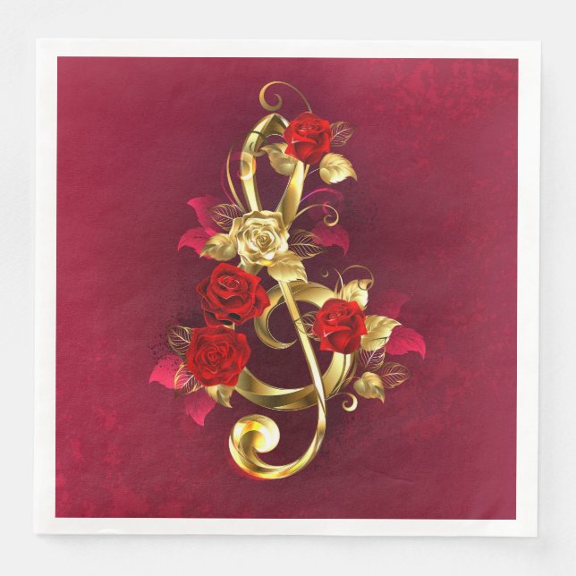 Serviette En Papier Clé de sol dorée avec fleurs de rose (Devant)