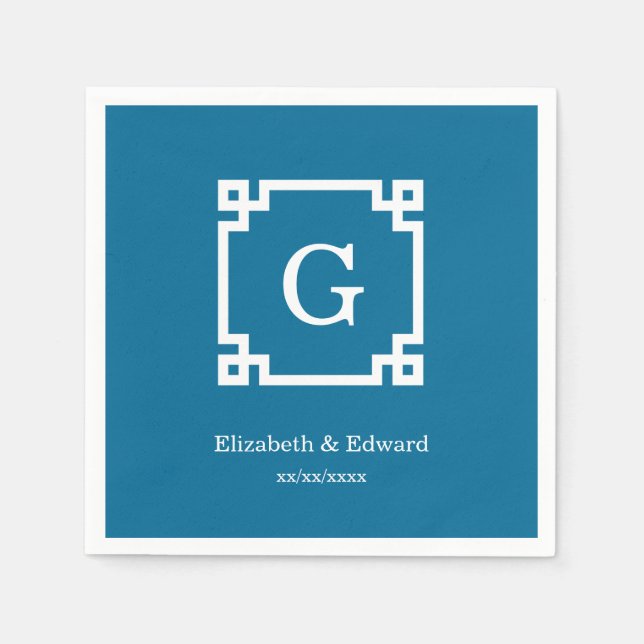 Serviette En Papier Clé grecque blanche Peacock encadrée #2 Monogramme (Devant)