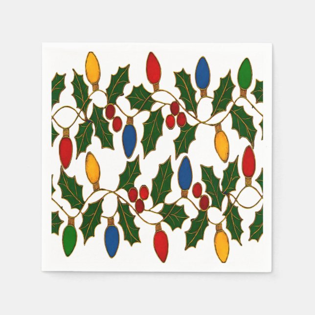 Serviette En Papier Cloisonne Art Christmas Lights and Holly (Devant)