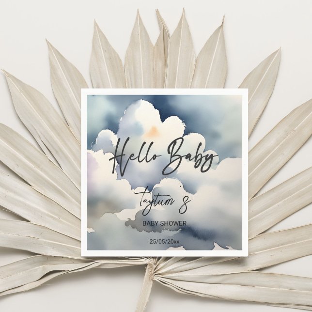 Serviette En Papier Cloud bonjour bébé baby shower gris nuages modèle (Cloud hello baby baby shower grey clouds template napkins personalized tableware decor watercolor)