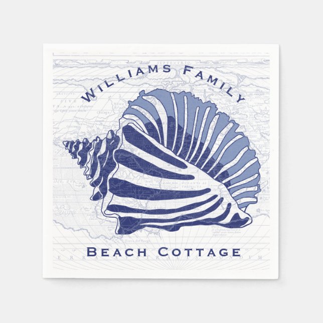 Serviette En Papier Coastal Blue Conch Seashell Nom de famille (Devant)