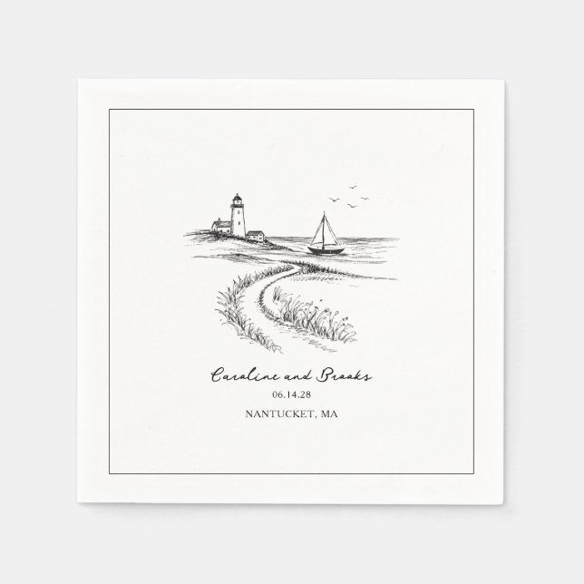 Serviette En Papier Coastal Hand Drawn Black & White Wedding (Devant)