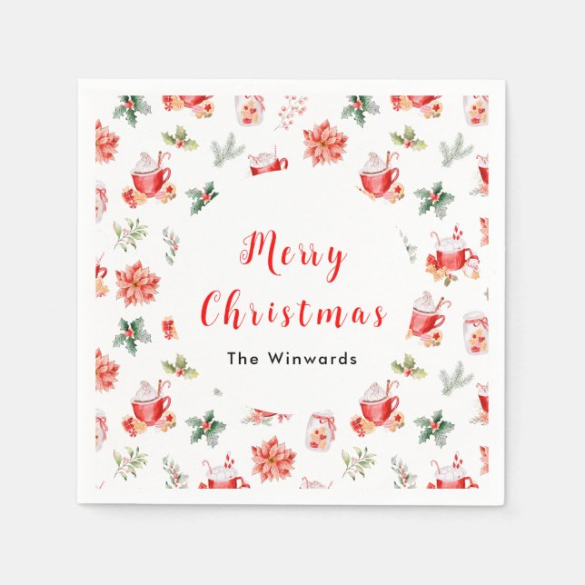 Serviette En Papier Coca chaud de Noël et Poinsettias rouges (Devant)