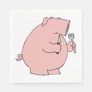Serviette En Papier Cochon affamé drôle tenant une fourchette et un co