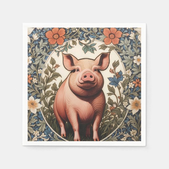 Serviette En Papier Cochon mignon inspiré de William Morris (Devant)