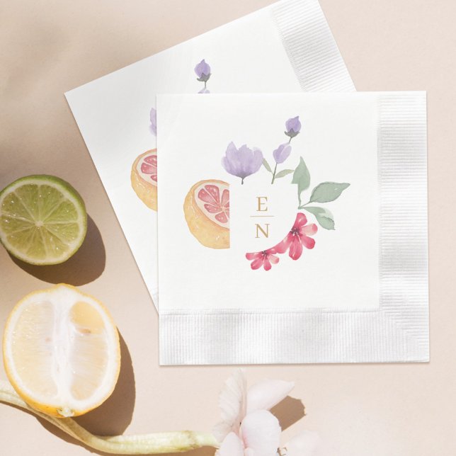 Serviette En Papier Cocktail Aquarelle Citrus Mariage Floral Monogramm (Créateur téléchargé)