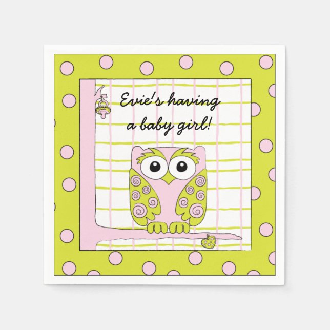 Serviette En Papier Cocktail baby shower standard Chouette rose Napkin (Devant)