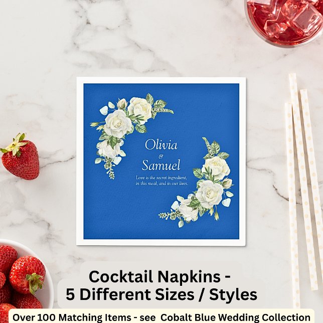 Serviette En Papier Cocktail Cobalt Blue & White Roses (Créateur téléchargé)