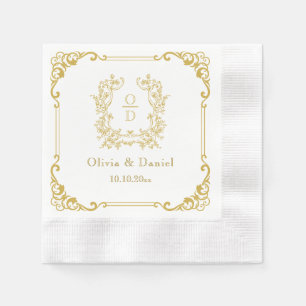 Serviette En Papier Cocktail de mariage élégant floral or monogramme