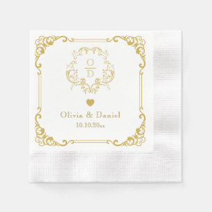 Serviette En Papier Cocktail de mariage élégant floral or monogramme