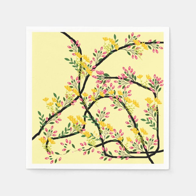 Serviette En Papier Cocktail Fleurs de Vigne Jaune Rose  (Devant)