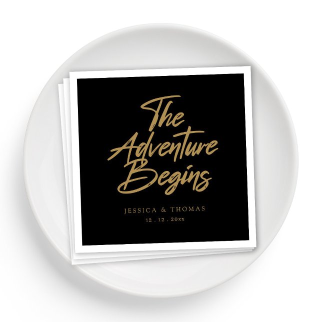 Serviette En Papier Cocktail Mariage Black & Gold personnalisé (Personalized Elegant Black & Gold Wedding Cocktail Napkins)