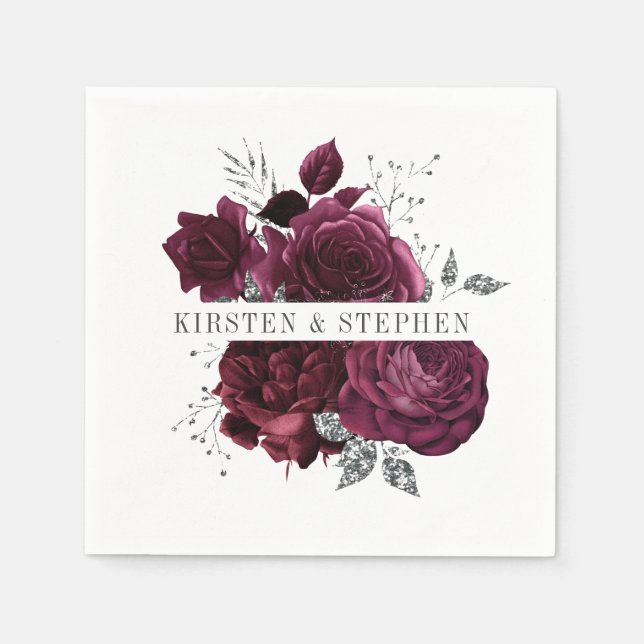 Serviette En Papier Cocktail Mariage de marron de Bourgogne et d'argen (Devant)