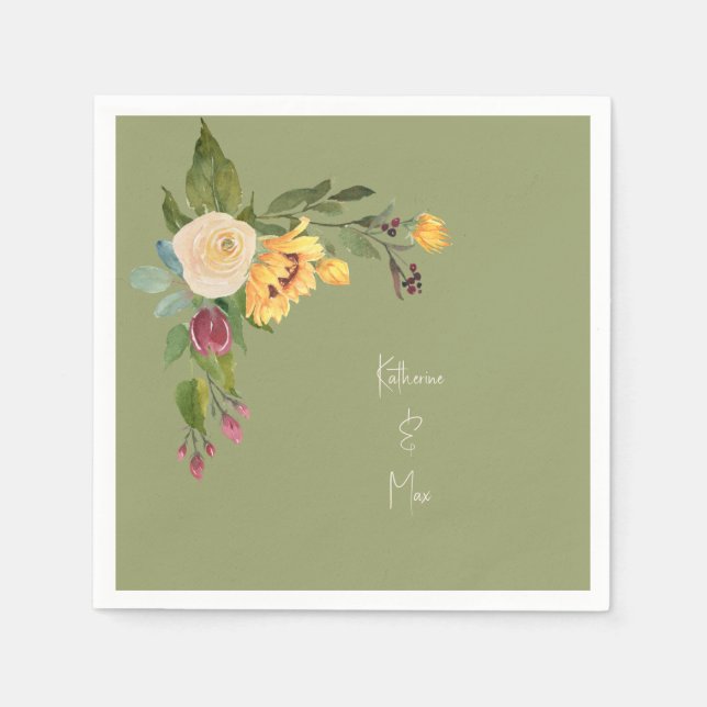 Serviette En Papier Cocktail Mariage de tournesol vert (Devant)