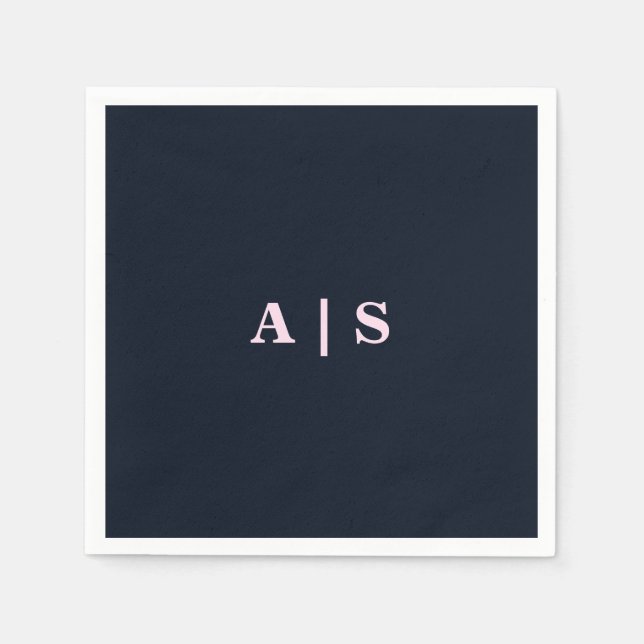 Serviette En Papier Cocktail Mariage Marine & Pink Monogram (Devant)