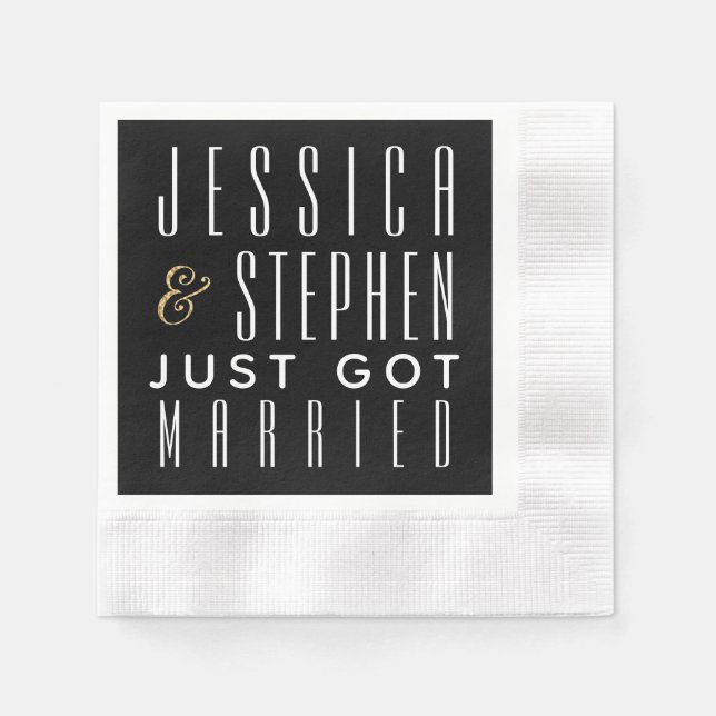 Serviette En Papier Cocktail mariage Napkin Elegant Gold et Black (Devant)