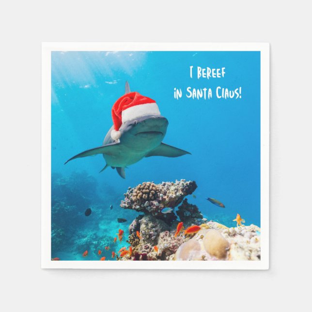 Serviette En Papier Cocktail Napkins, Shark Christmas (Devant)
