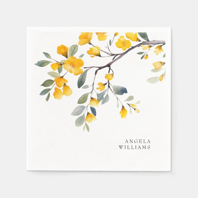 Serviette En Papier Cocktail personnalisé aux fleurs jaunes  (Devant)