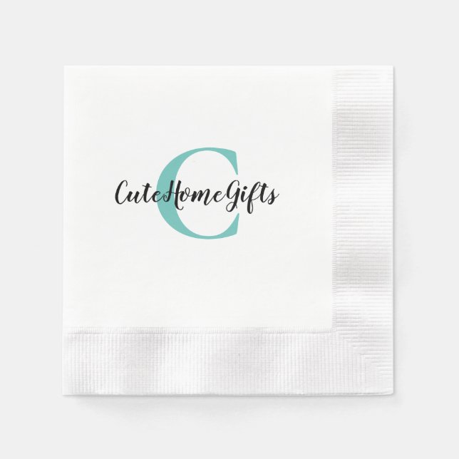 Serviette En Papier Cocktail Teal Bleu Noir Monogramme Nom (Devant)