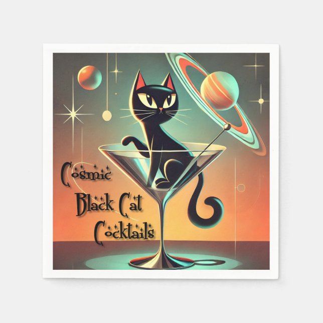 Serviette En Papier Cocktails de chat noir cosmique futuriste atomique (Devant)