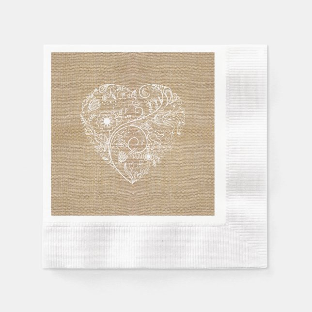 Serviette En Papier Coeur de fleur de burlap de lin (Devant)