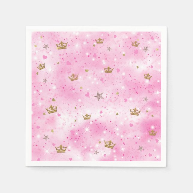 Serviette En Papier Cœur de Princesse Rose Étoiles et Couronnes Fête d (Devant)