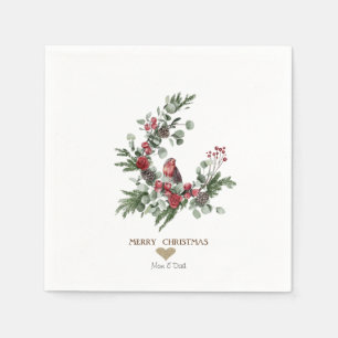 Serviette En Papier Cœur en or, Couronne de Noël Cardinal Rouge