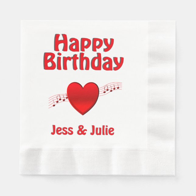 Serviette En Papier Coeur et musique Joyeux anniversaire (Devant)
