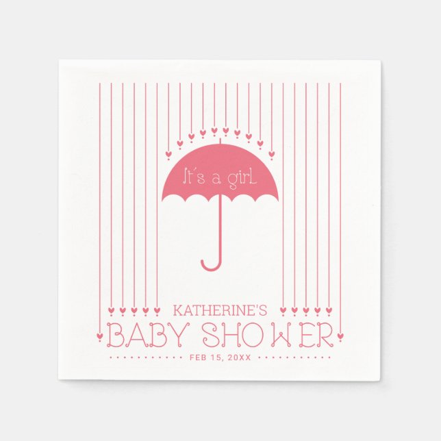 Serviette En Papier Coeur et parapluie | Papier Baby shower fille Napk (Devant)
