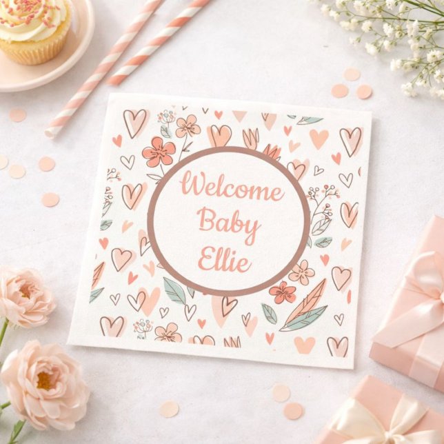 Serviette En Papier Cœur floral nom personnalisé (Créateur téléchargé)