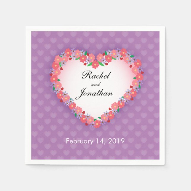 Serviette En Papier Coeur floral sur le mariage mauve-clair et (Devant)