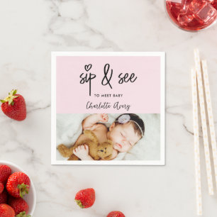 Serviette En Papier Cœur moderne Rose Sip & See Photo personnalisée de