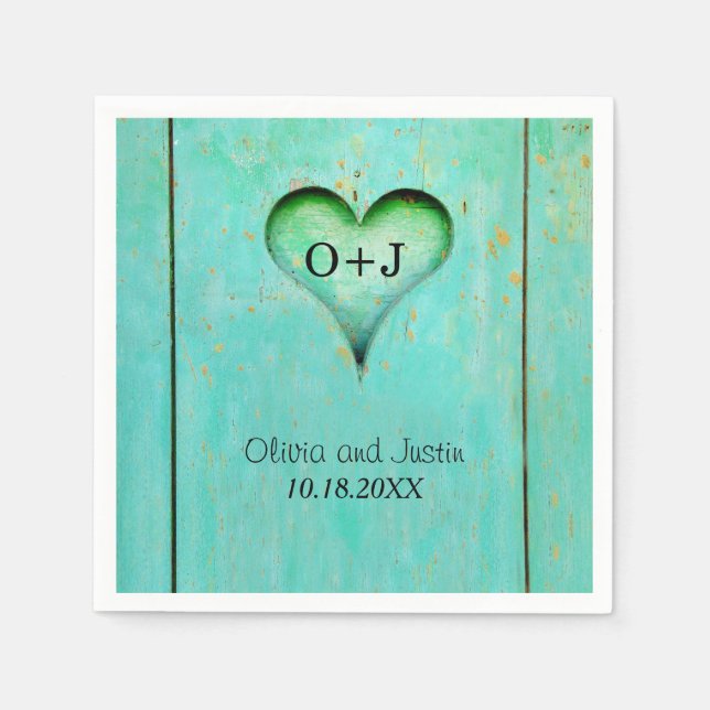 Serviette En Papier Cœur Monogrammé en Bois Rustique Turquoise (Devant)