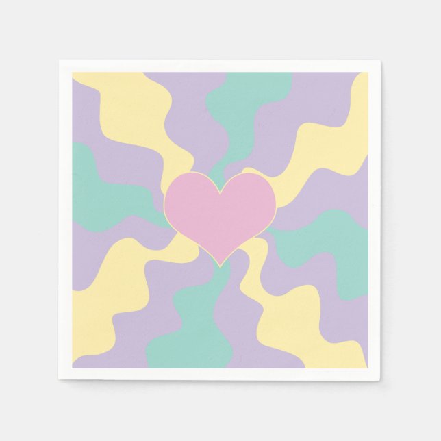 Serviette En Papier Coeur - Pastel rose, jaune, violet et vert (Devant)