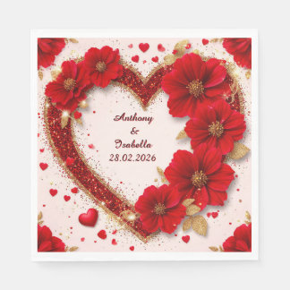Serviette En Papier ❤️ Cœur Personnalisé Mariage Fleurs Paillettes Nom