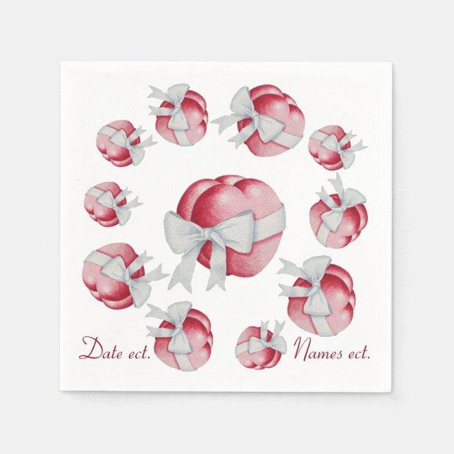 Serviette En Papier coeur rouge attaché avec ruban blanc pour mariage (Devant)