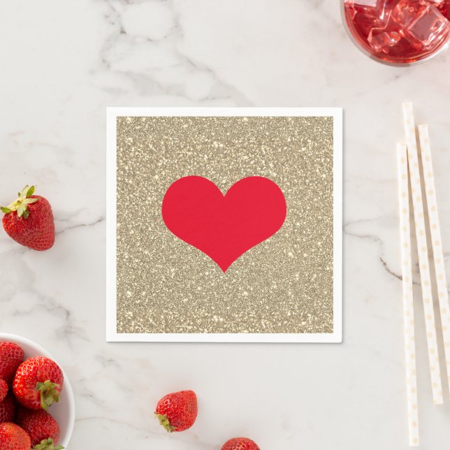 Serviette En Papier Cœur Rouge Mignon Saint-Valentin Paillettes Dorées (En situation)
