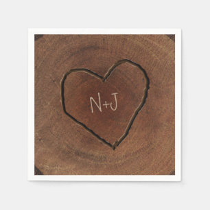 Serviette En Papier Cœur sculpté Arbre en écorce Bois Mariage rustique