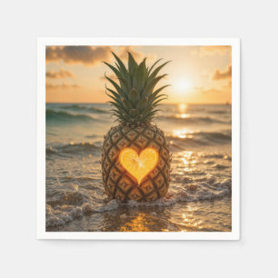 Serviette En Papier Cœur sculpté dans un ananas sur une plage