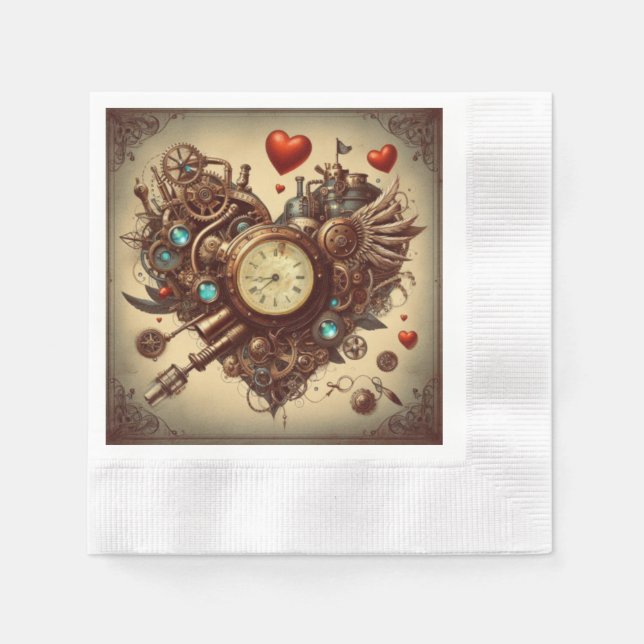 Serviette En Papier Coeur Steampunk/Saint-Valentin (Devant)