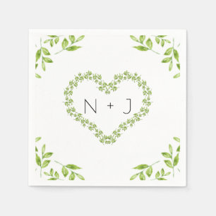 Serviette En Papier Cœur Vert Feuilles Mariage Campagnard Chic Végétal
