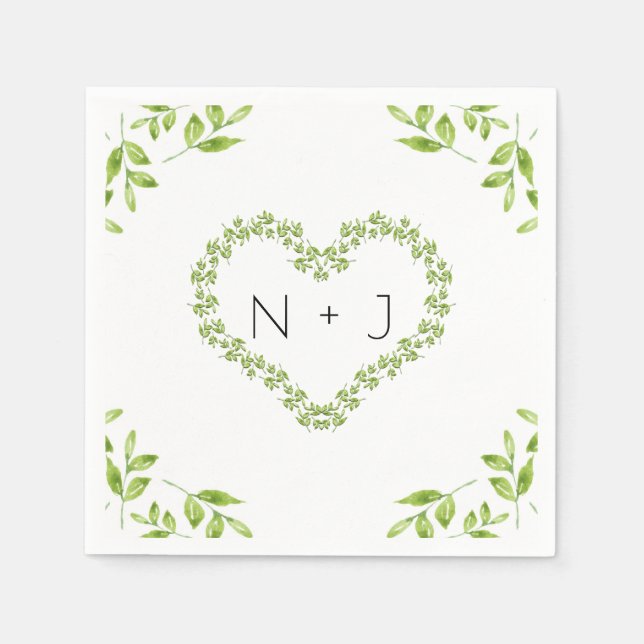 Serviette En Papier Coeur Vert Feuilles Shabby Chic Mariage de verdure (Devant)