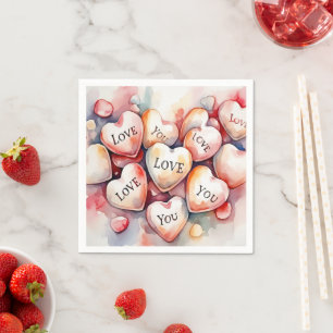 Serviette En Papier Cœurs aquarelle "Je t'aime" Décoration de mariage