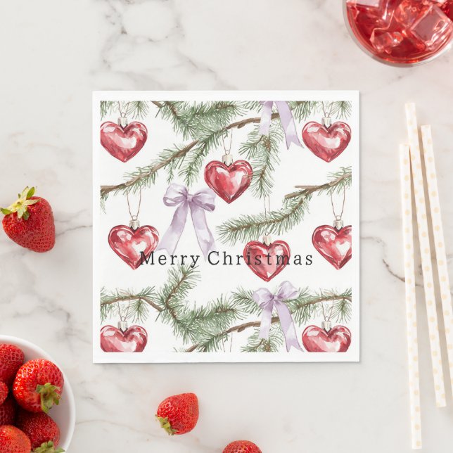 Serviette En Papier Cœurs Arbres Rouge Violet Rubans Noël (En situation)