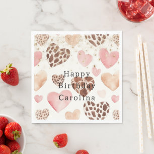 Serviette En Papier Cœurs d'animaux Crème Rose Paillettes Dorées Anniv