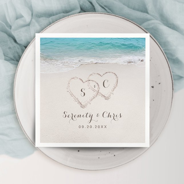 Serviette En Papier Coeurs dans le sable destination mariage plage (Hearts in the sand destination beach wedding napkins)