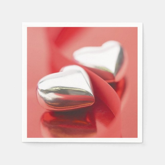 Serviette En Papier Coeurs d'argent Rubans rouges serviettes (Devant)