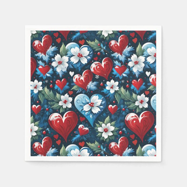 Serviette En Papier Coeurs de Noël floraux en bleu rouge et vert (Devant)